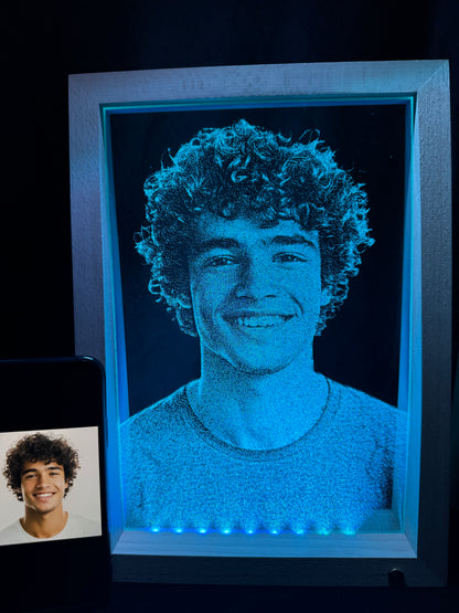 Custom Illuminated Glass Portrait – Wooden LED Frame Edition