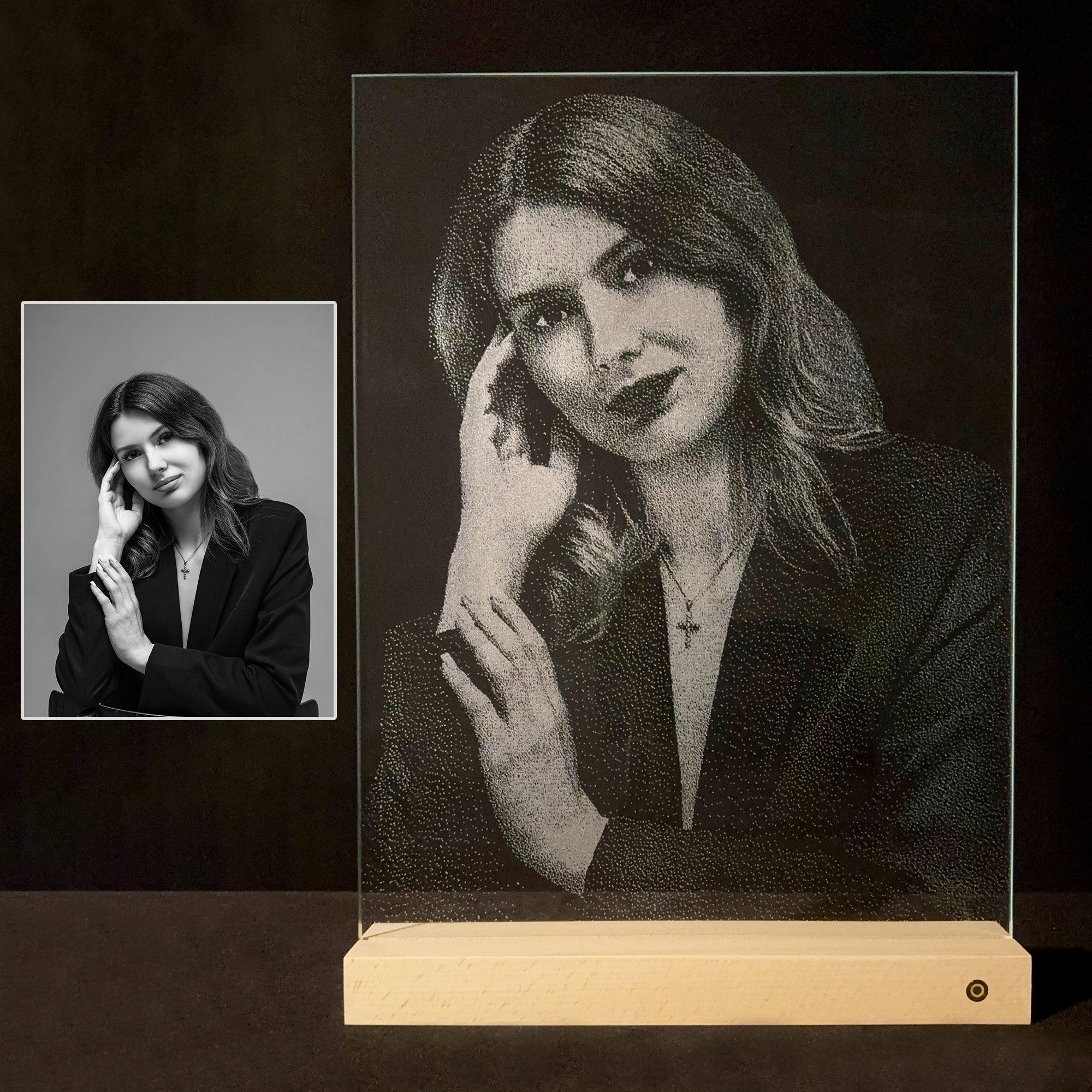 Personalized Photo Engraved Glass Portrait: LED Light Keepsake