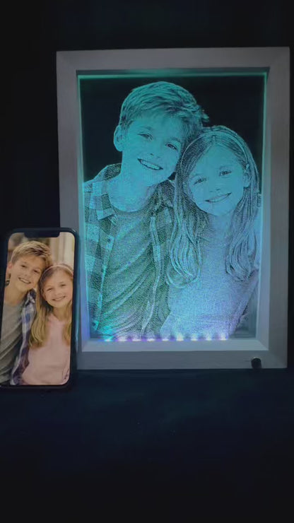 Custom Illuminated Glass Portrait – Wooden LED Frame Edition