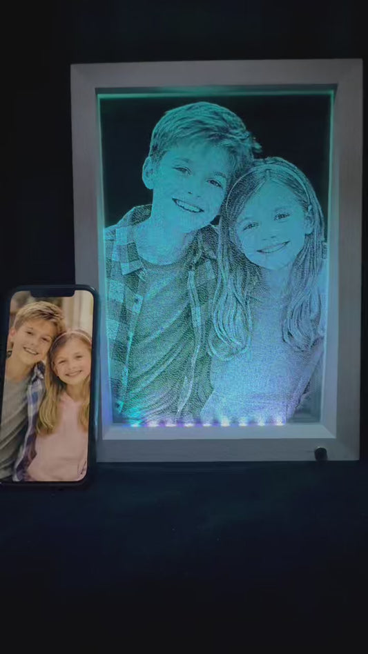 Custom Illuminated Glass Portrait – Wooden LED Frame Edition